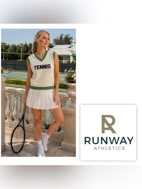NWT $139 RUNWAY ATHLETICS Women L Knit V-neck TENNIS Dress sleeveless Top White
